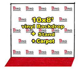 10'x8' Vinyl Step and Repeat Banner with Stand and Red Carpet