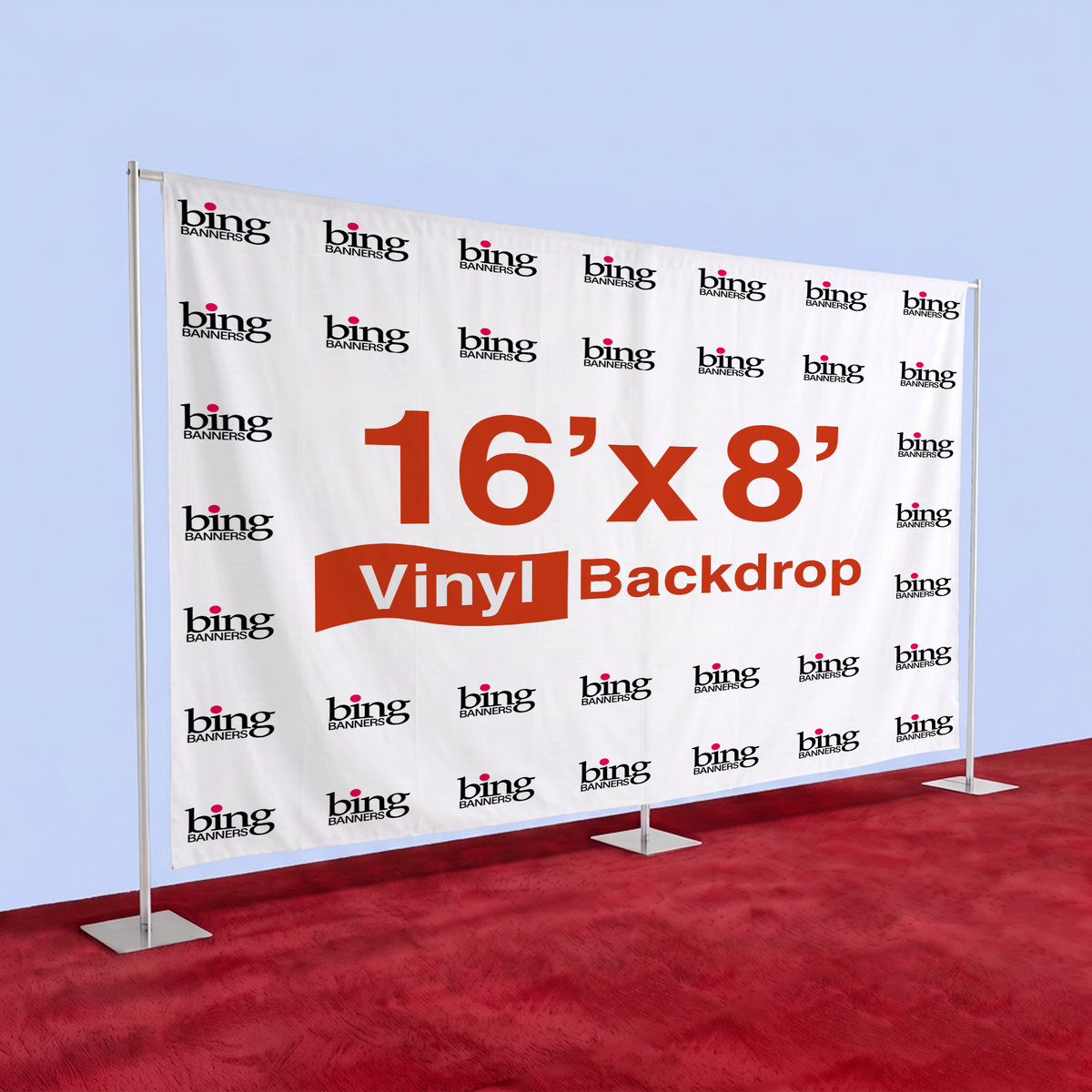 16'x8' Vinyl Step and Repeat Banner with Stand and Red Carpet 1