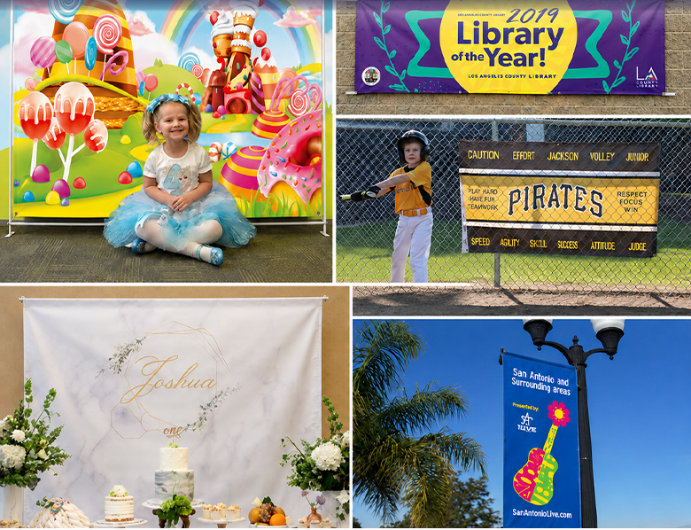 Custom vinyl banners promotional graphic with text and four example photos showing colorful printed banners in use at parties, concerts, and outdoor events.