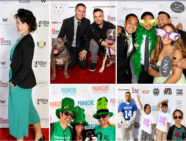 Promotional graphic for a vinyl step and repeat backdrop, showing large white text on a dark blue background reading 'VINYL STEP & REPEAT', '8ft x 8ft', '10ft x 8ft', and 'Optional stand/carpet are available'. Below the text is a collage of event photos demonstrating people and pets using the backdrop in real environments.