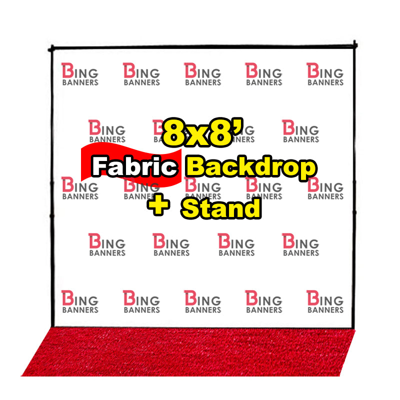 8'x8' Fabric Step and Repeat Banner with Stand and Red Carpet