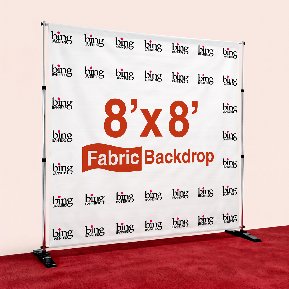 8'x8' Fabric Step and Repeat Banner with Stand and Red Carpet
