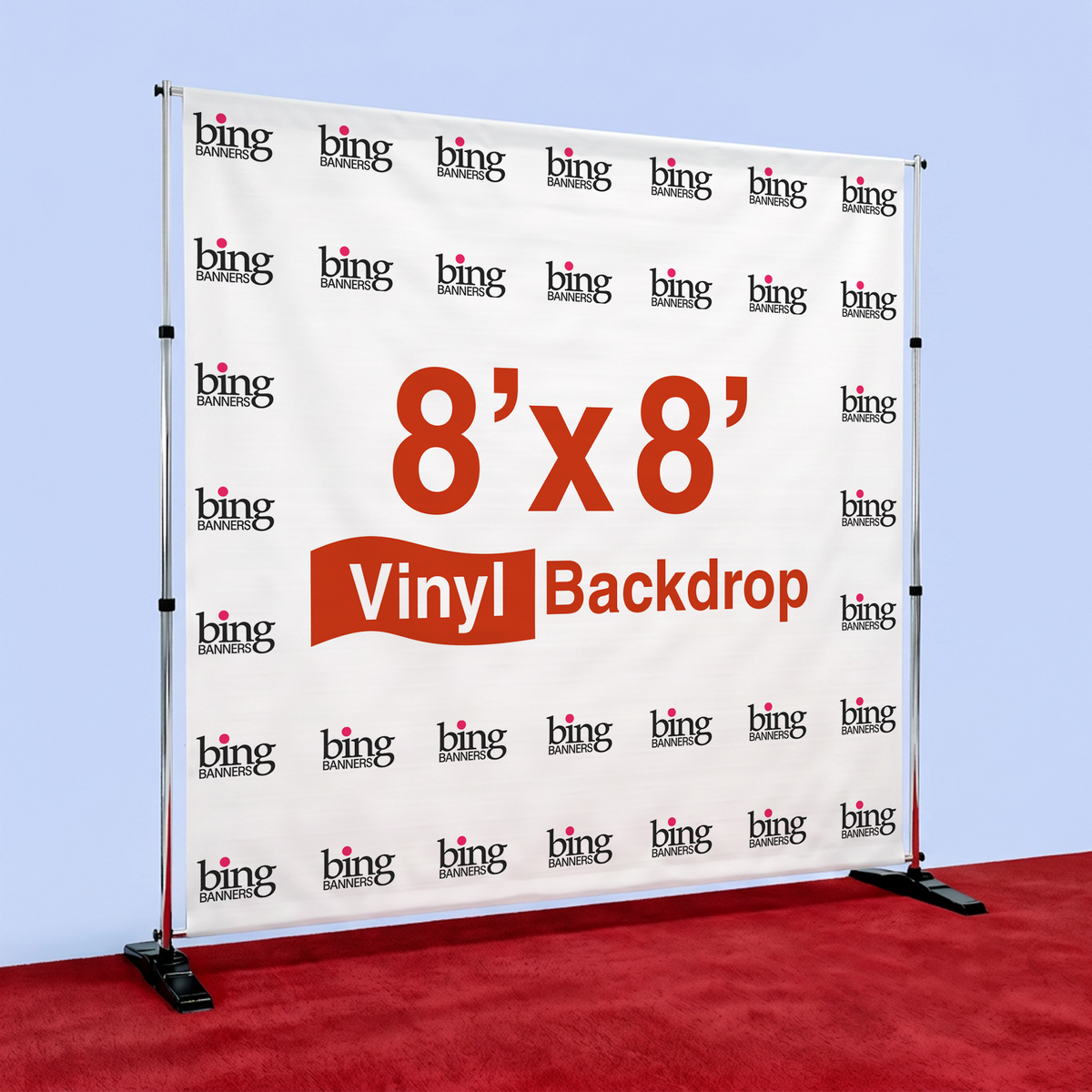 8'x8' Vinyl Step and Repeat Banner with Stand and Red Carpet
