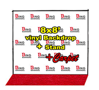 8'x8' Vinyl Step and Repeat Banner with Stand and Red Carpet