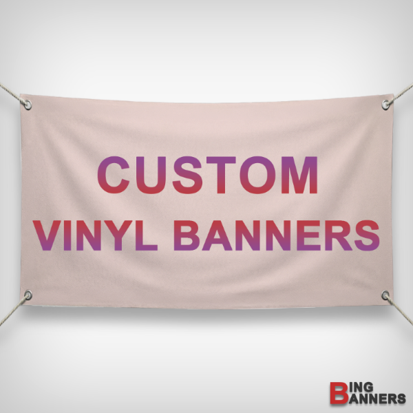 Beige banner with 'CUSTOM VINYL BANNERS' text in pink and purple gradient on a white background.