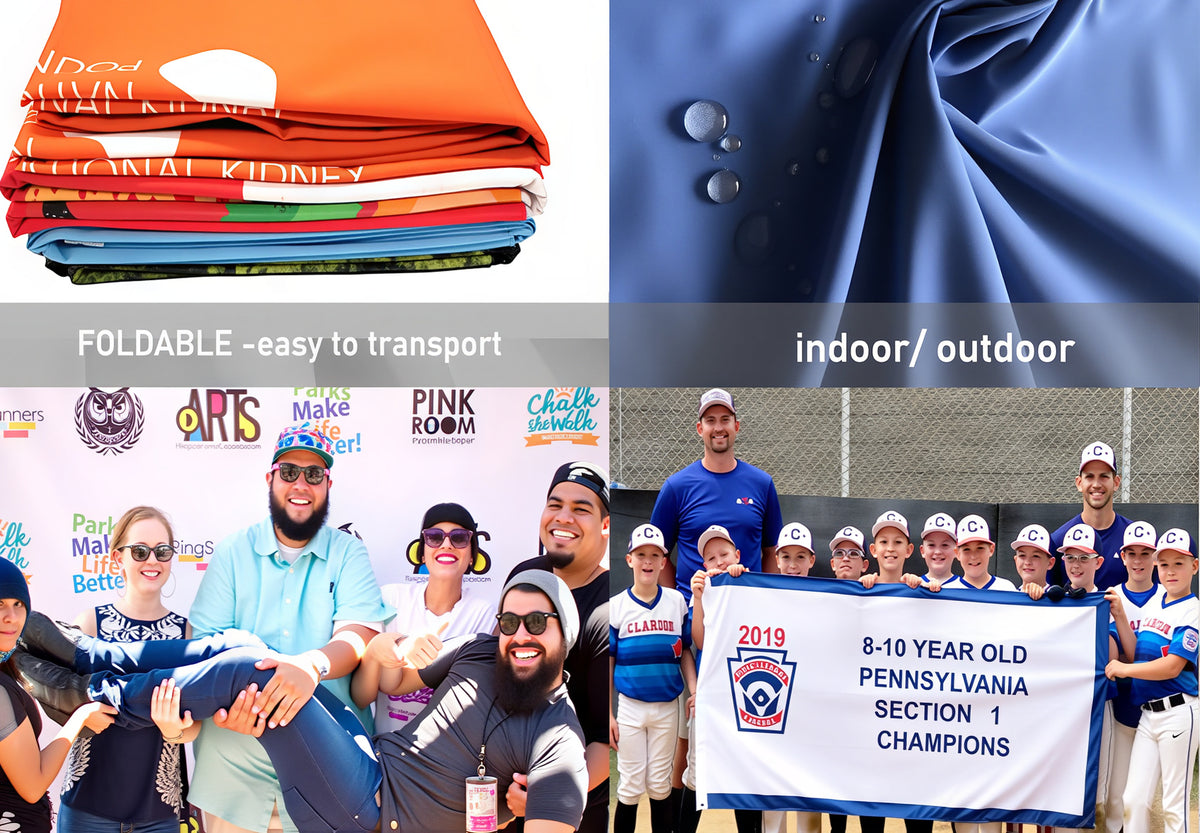 Collage of images showing fabric, people with a banner, and promotional posters.
